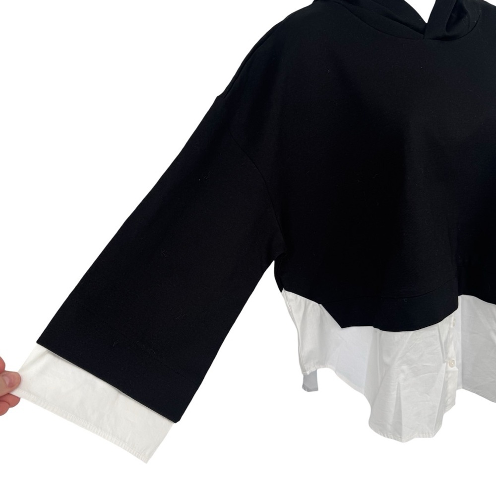 NWT Kenneth Cole Black Hooded Sweatshirt White Button Down Underneath Large - Picture 2 of 9